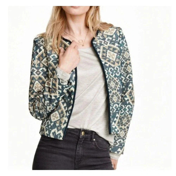 H&M Women's Sz 2 Open Front Blue Blazer Linen Aztec Boho Casual Career - Picture 8 of 8